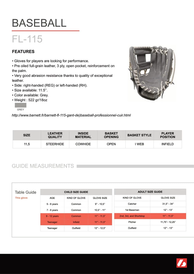 Barnettsports Gloves FL-115 Baseball Glove, High Quality, Leather, Infield/outfield 11, Light Gray 7 Barnettsports Gloves FL-115 Baseball Glove, High Quality, Leather, Infield/outfield 11, Light Gray