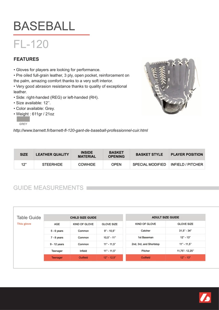 Barnettsports FL-120 Baseball Glove, Leather, Infield/outfield / Pitcher 12, Light Grey 9 Barnettsports FL-120 Baseball Glove, Leather, Infield/outfield / Pitcher 12, Light Grey