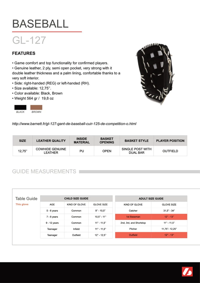 Barnettsports Gloves GL-127 Competition Baseball Glove, Genuine Leather, Outfield 12.7, Brown 8 Barnettsports Gloves GL-127 Competition Baseball Glove, Genuine Leather, Outfield 12.7, Brown