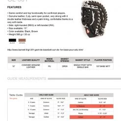 Barnettsports Gloves GL-301 Competition First Base Baseball Glove, Genuine Leather, Size 31, Brown