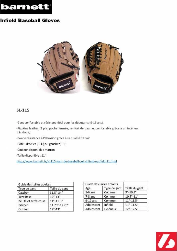 Barnettsports SL-115 Baseball Gloves In Leather Infield/outfield Size 11.5, Brown 7 Barnettsports SL-115 Baseball Gloves In Leather Infield/outfield Size 11.5, Brown