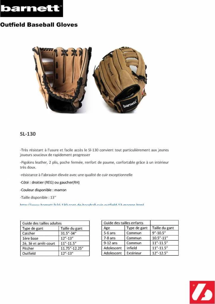 Barnettsports SL-130 Leather Baseball Glove, Outfield, Size 13, Brown 6 Barnettsports SL-130 Leather Baseball Glove, Outfield, Size 13, Brown
