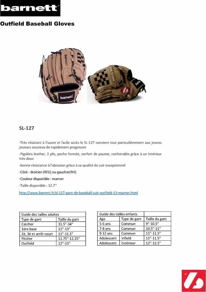 Barnettsports SL-127 Leather Baseball Glove, Outfield, Size 12.7, Brown 5 Barnettsports SL-127 Leather Baseball Glove, Outfield, Size 12.7, Brown