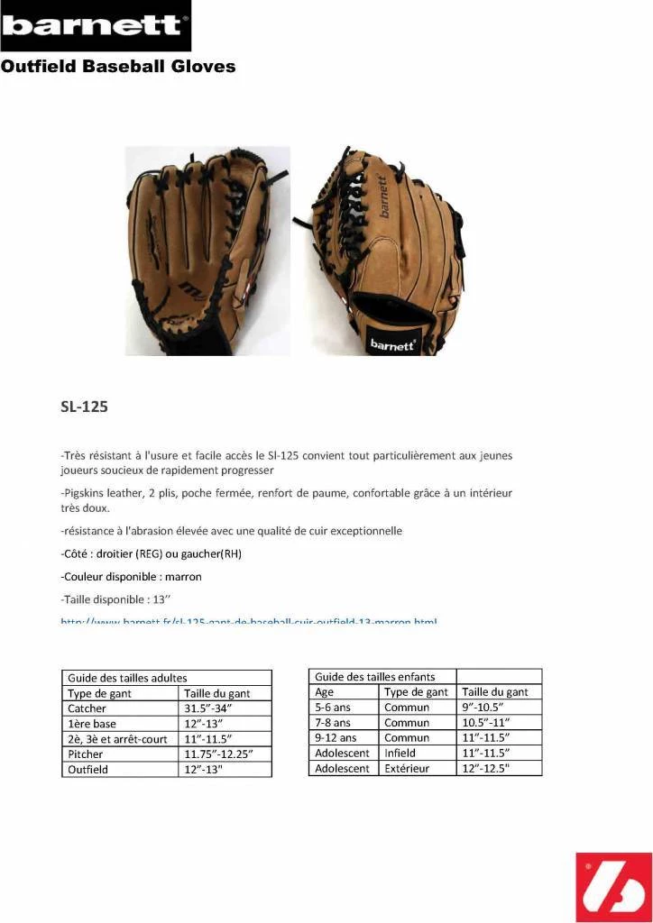 Barnettsports SL-125 Baseball Gloves In Leather Outfield, Size 12.5, Brown 6 Barnettsports SL-125 Baseball Gloves In Leather Outfield, Size 12.5, Brown